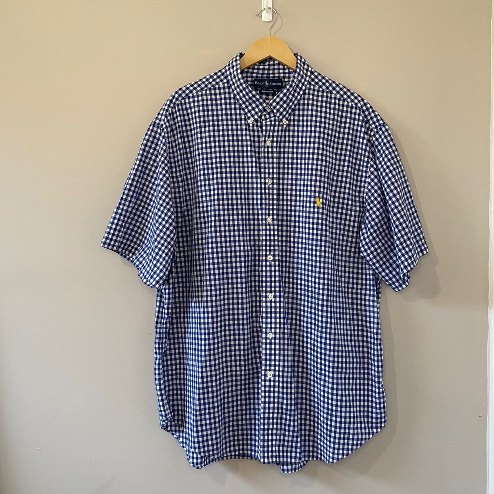 Ralph Lauren EUC Mens 2XLT Blue Gingham Short Sleeve Button Up Shirt Yellow Pony